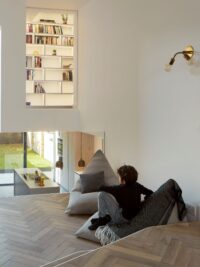 Oak Tate Bute herringbone floor with steps Scenario Architects Hackney home with beanbagwidth=